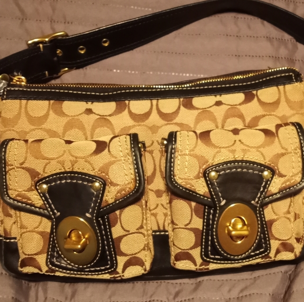 Coach Signature F12869 Legacy Satchel Handbag Khaki Leather Trim Purse